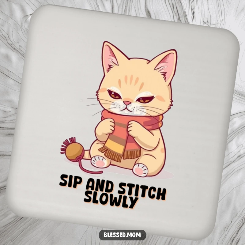 Determined cat knitting a scarf coasters, protecting surfaces with a humorous and artistic feline touch.