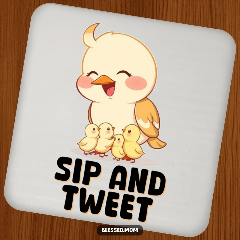 Funny mama bird coasters, a smiling mother bird feeding tiny chicks from her beak, protecting surfaces with love.