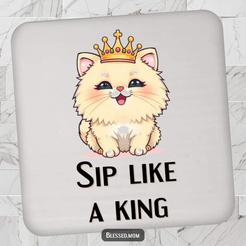 Funny coaster with a fluffy cat wearing a tiny crown, beaming with pride, protecting surfaces with feline humor.