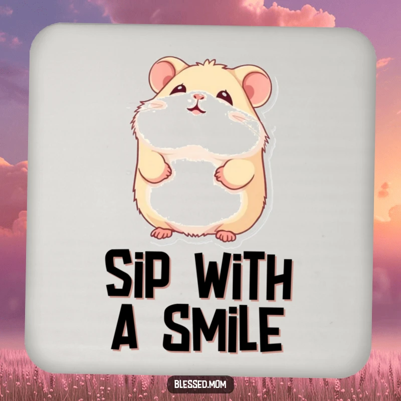 Funny hamster coasters showing a fluffy hamster with a gentle smile looking upward, adding a touch of sweetness to any table.