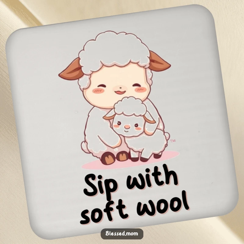 A set of coasters featuring a contented sheep mom nuzzling her fluffy lamb, offering gentle protection and cozy charm for tabletops.