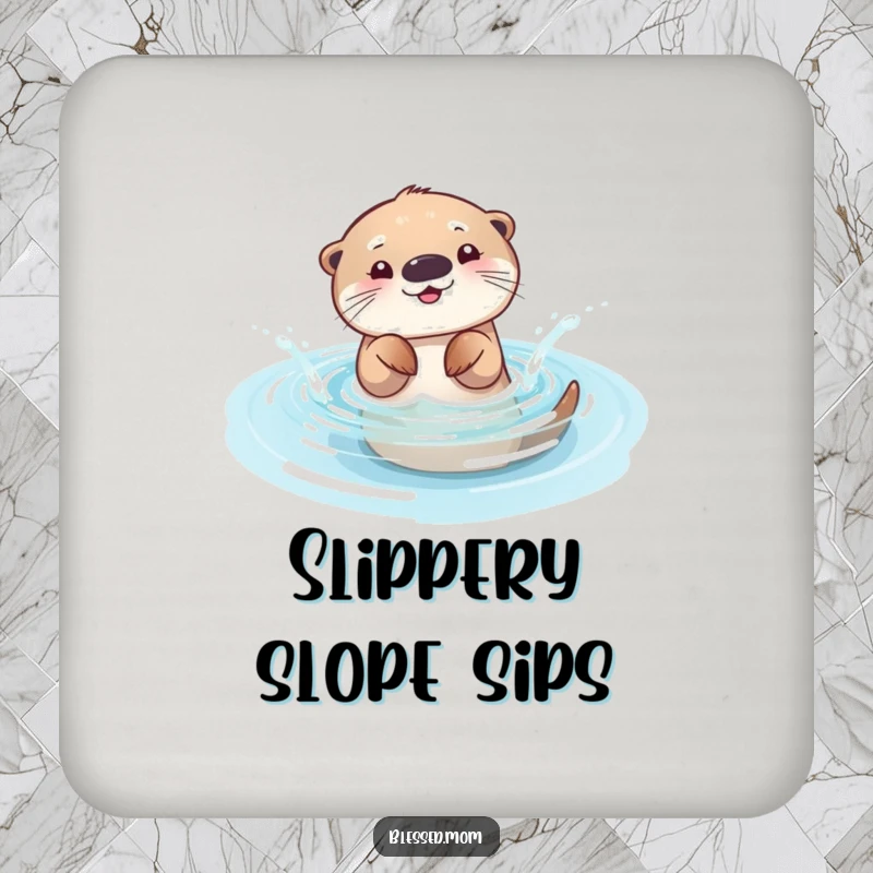 Funny otter mom coasters, a playful mama otter splashing in a sparkling pool, protecting surfaces with fun and charm.