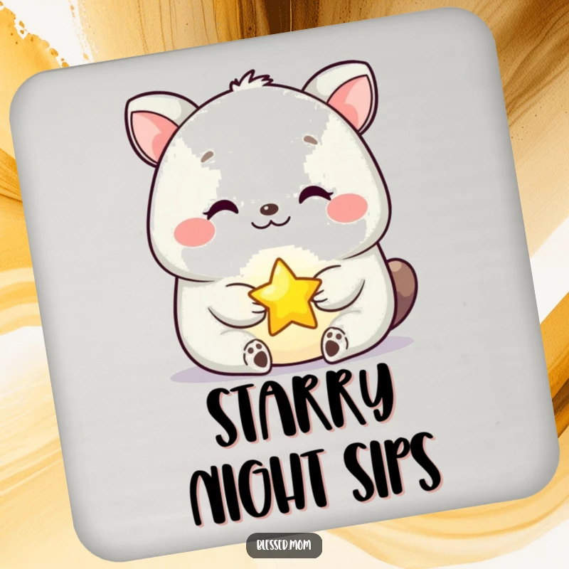 Funny Coasters with a serene happy animal holding a glowing star, protecting surfaces with whimsical charm.