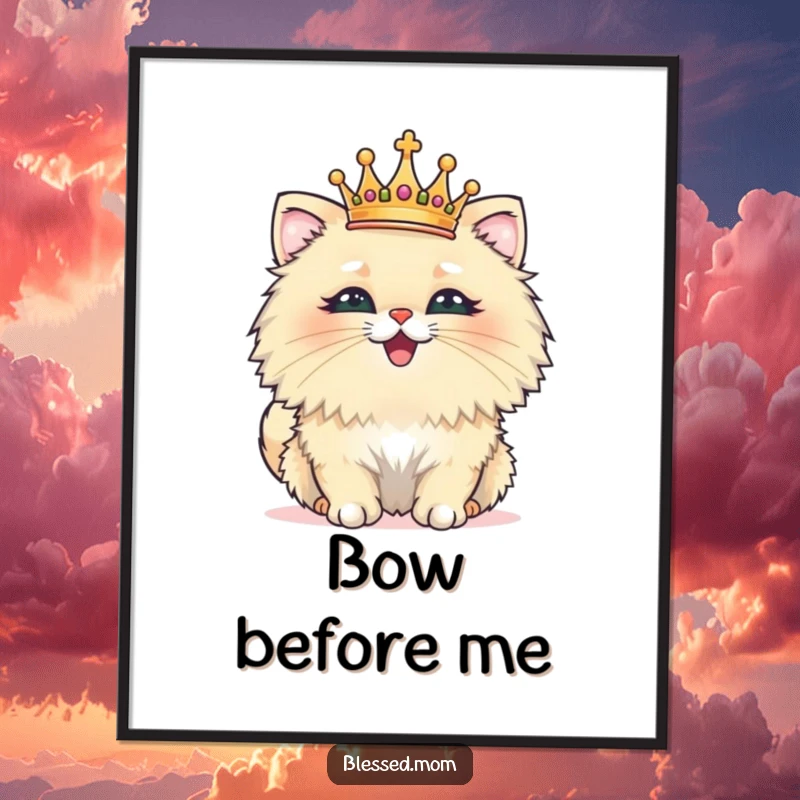 Funny poster of a fluffy cat wearing a tiny crown, beaming with pride and looking majestic, humorous wall art for cat lovers.
