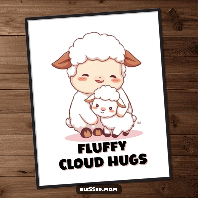 Contented sheep mom tenderly nuzzling her fluffy lamb, beautifully illustrated as a poster, evoking peace and maternal love.