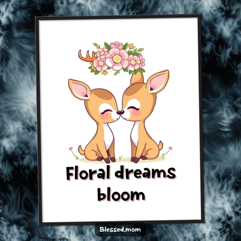 Kawaii deer mom tenderly gazing at a delicate flower crown, presented as a serene art print for peaceful home decor.