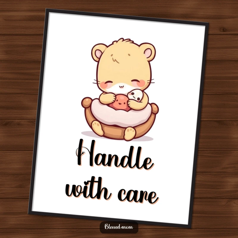 Funny Poster of a gentle animal rocking a miniature cradled object, bringing heartwarming charm and tenderness to any space.