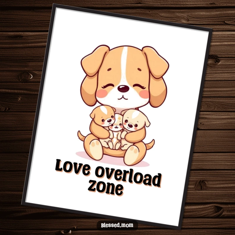 Funny kawaii dog mom gently holding a cluster of tiny puppies on a charming poster, a lovely gift.