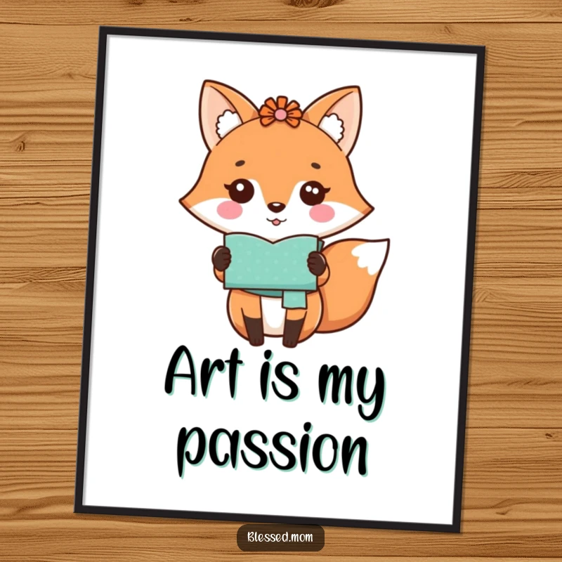 Funny kawaii fox mom proudly showing a handmade craft on a charming poster, perfect wall art, a gift.