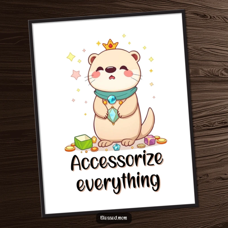 Funny Kawaii Otter Mom Poster: Adorable otter mom balancing shiny treasures, bringing playful charm and sparkle to wall decor.