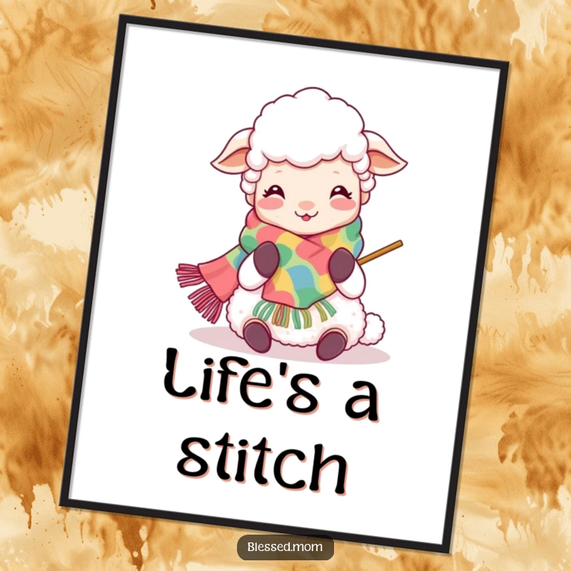 Funny Kawaii Sheep Mom Poster: Smiling sheep mom joyfully knitting a colorful scarf, bringing warmth and humor to any room.