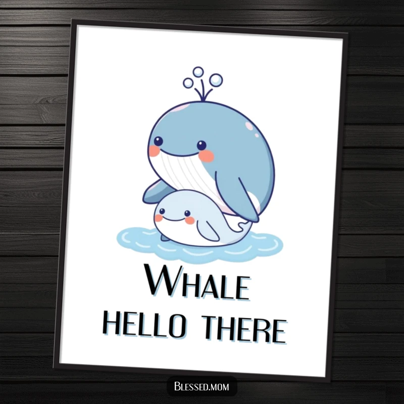 Funny kawaii mother whale spouting water over her calf, adorable ocean family artwork, perfect wall decor, funny gift.