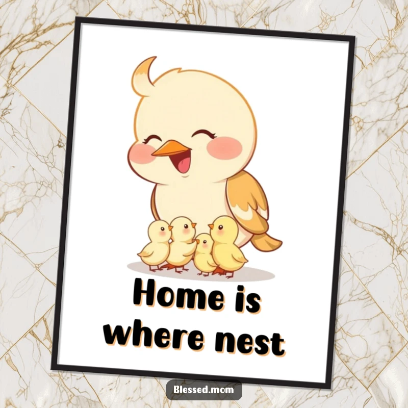 Funny mama bird poster, a smiling illustration of a mother bird tenderly feeding her tiny chicks from her beak, symbolizing love.