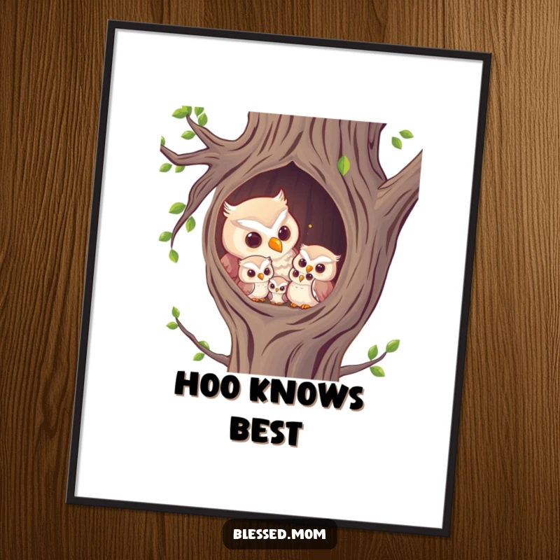 Funny Poster: A charming owl mom hooting softly to her owlets within a cozy tree hollow.