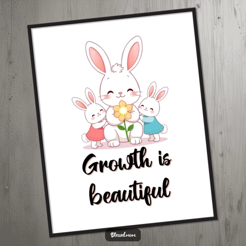 Funny kawaii bunny mom gifting flowers to her children on a charming poster, perfect wall art, a gift.