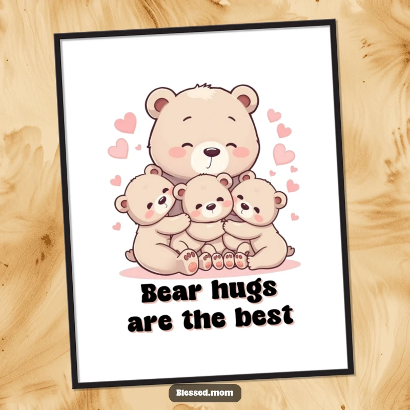 Heartwarming bear mom poster with cubs in a glowing heart embrace, symbolizing deep maternal love and connection.