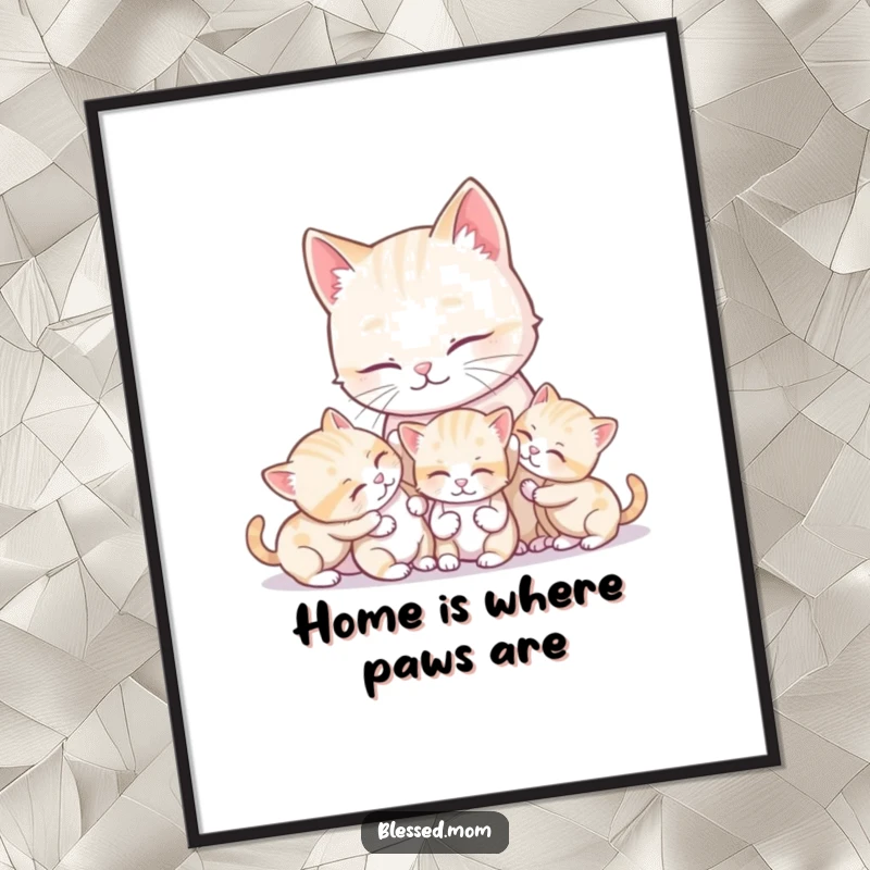 Funny kawaii mother cat grooming her playful kittens, presented as a charming and heartwarming piece of wall art for any home.