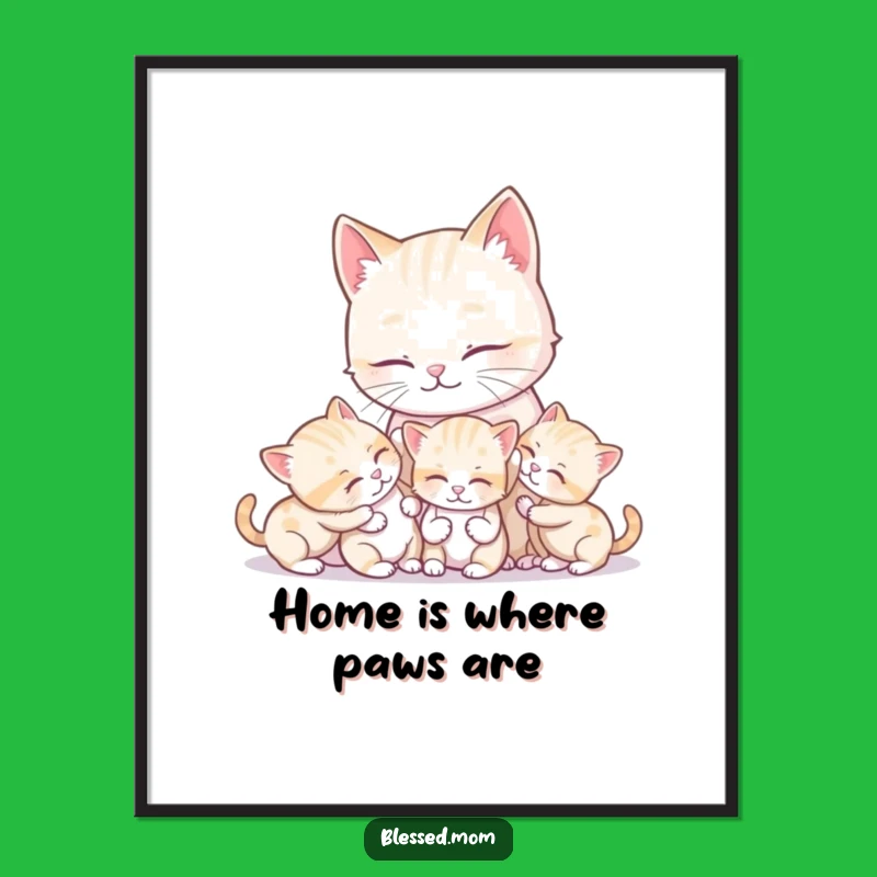 Funny Kawaii Cat Mom & Kittens Poster Adorable Wall Art