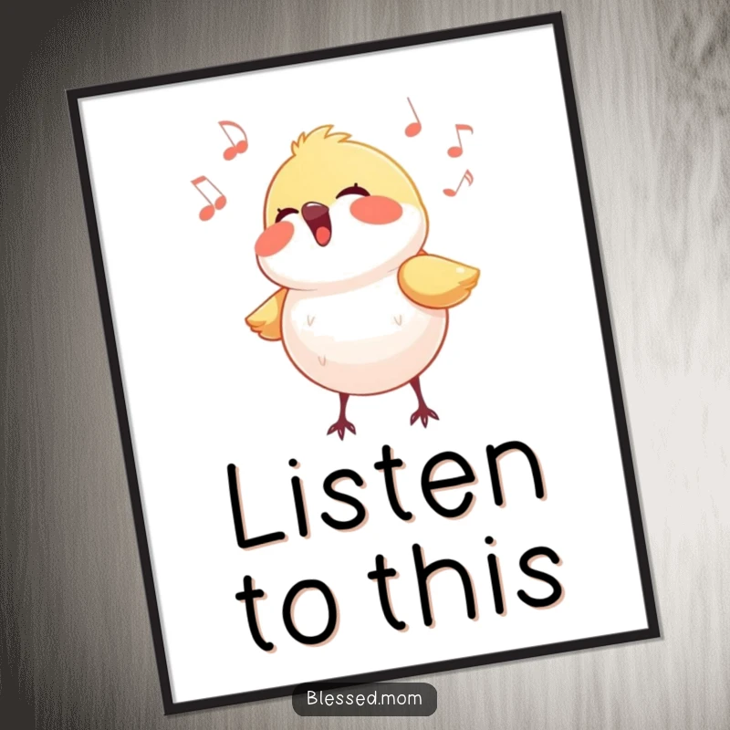 Funny bird poster showcasing a small bird singing a beautiful, joyful tune with a halo of light, bringing cheer.