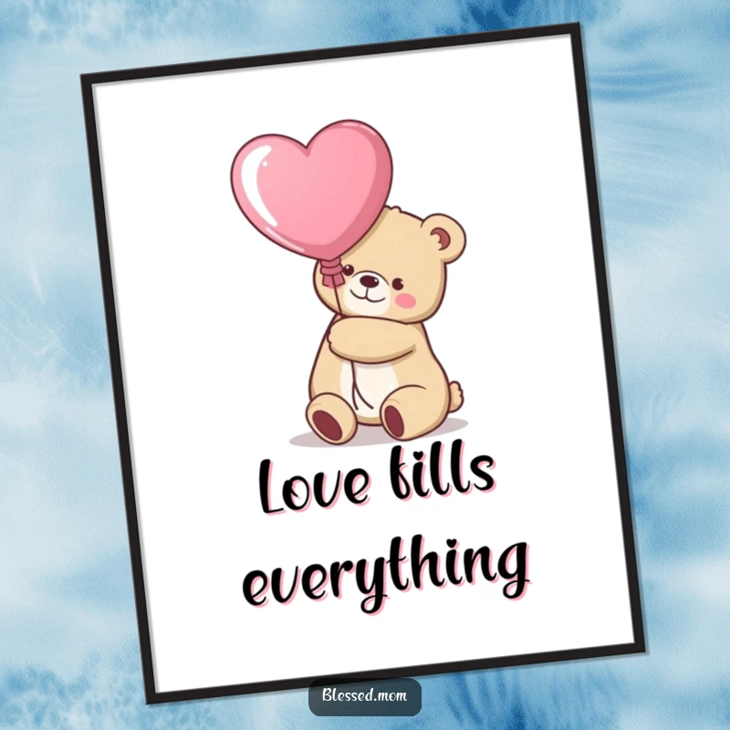 Funny kawaii bear mom hugging a heart balloon on a charming poster, perfect wall art, a gift.