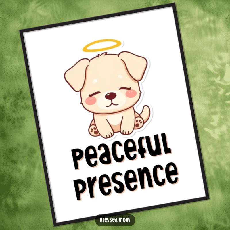 Funny Dog Halo Poster: Kawaii dog with a halo looks serenely peaceful, creating a calm atmosphere. Perfect for funny wall decor.