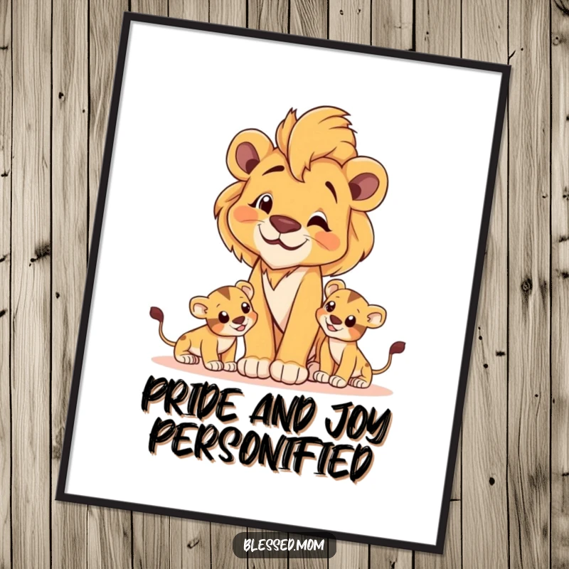 Majestic lioness mom poster with cubs at play, symbolizing fierce protection and proud maternal strength.