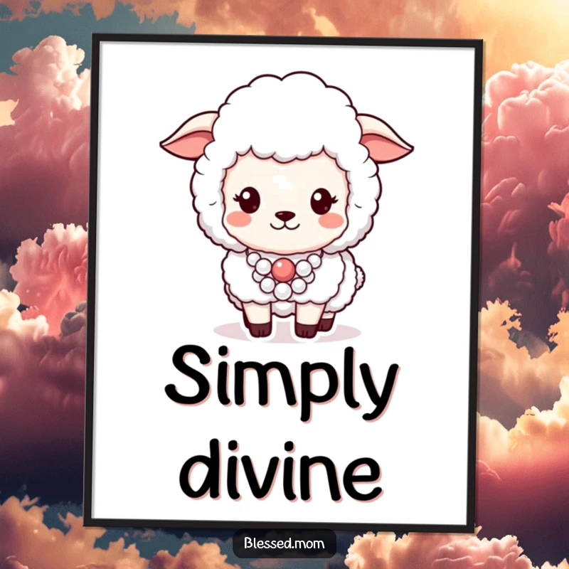 Funny poster of a fluffy sheep proudly sporting a lustrous pearl necklace, radiating elegance and charm.