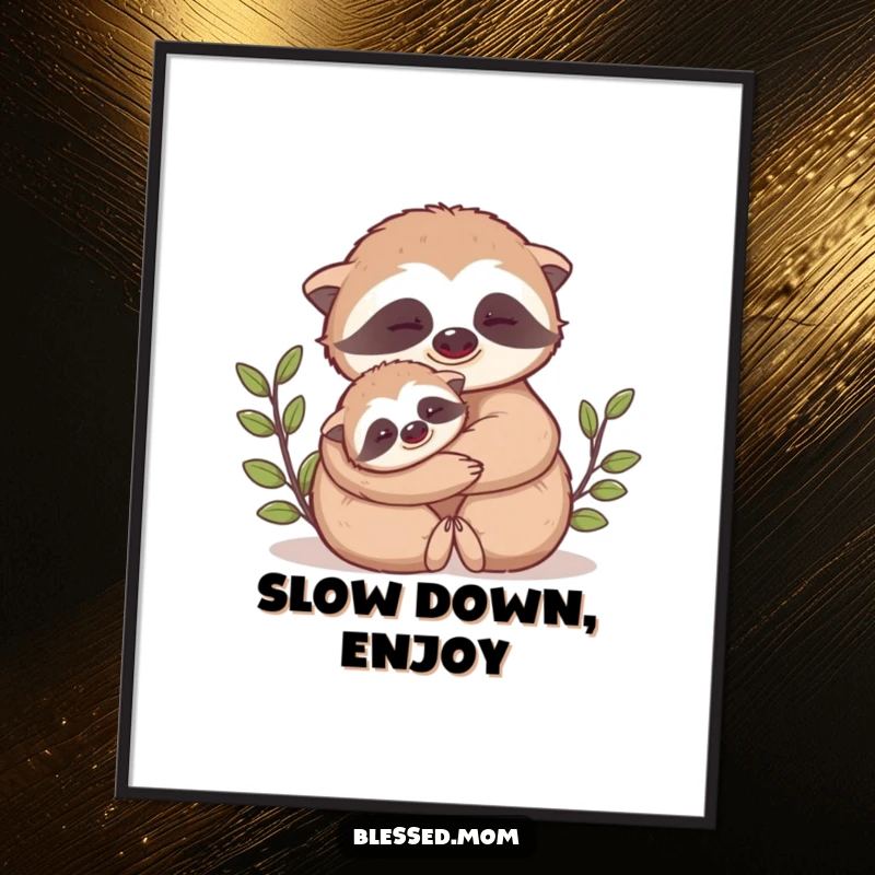 Funny Mama Sloth poster showcases a cute mama sloth slowly hugging her baby, symbolizing deep affection and tenderness.