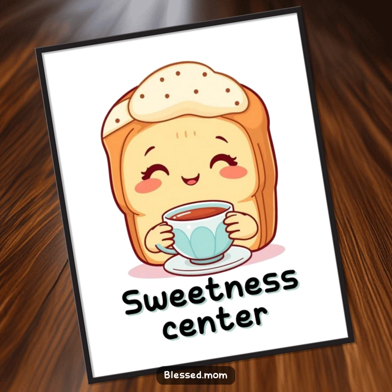 Funny Poster: A warm scone mom smiling and offering a tiny cup of tea, sweet kitchen art.