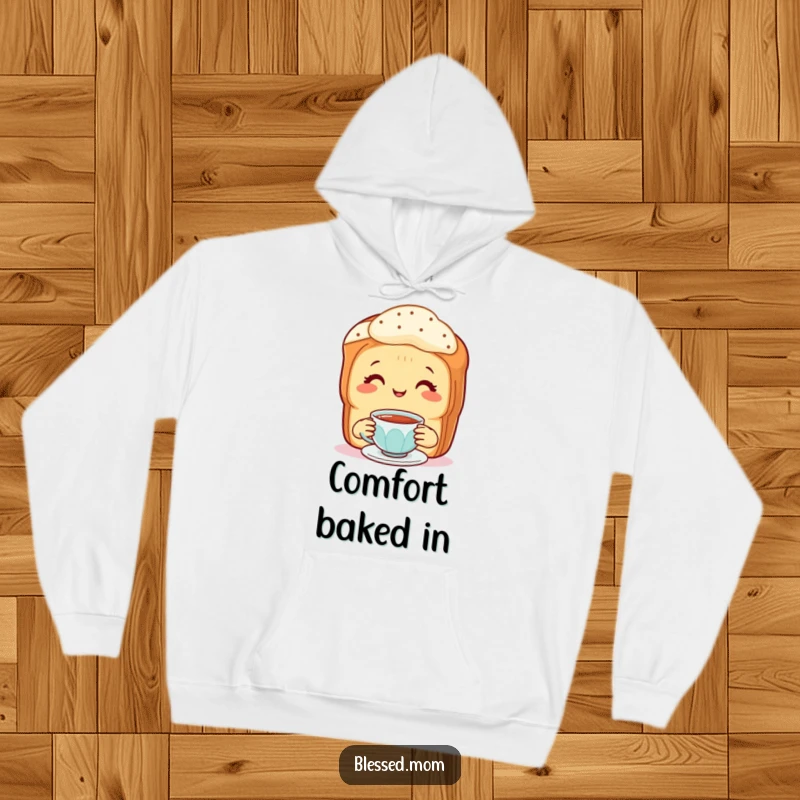 Funny Hoodie: A warm scone mom smiling and offering a tiny cup of tea, cozy and inviting.