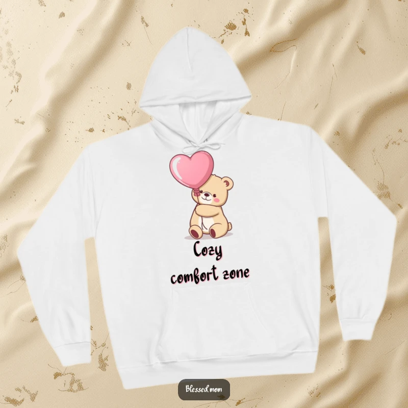 Funny kawaii bear mom hugging a big heart balloon on a cozy hoodie, a comforting gift.