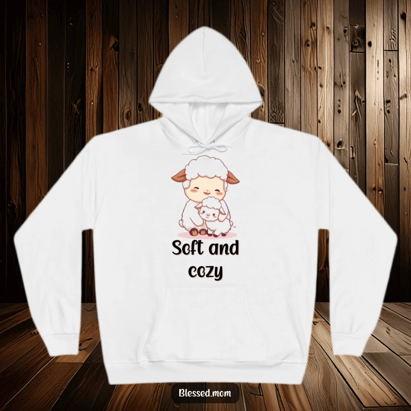 This cozy hoodie displays a contented sheep mom in a tender nuzzle with her fluffy lamb, exuding warmth and peacefulness.