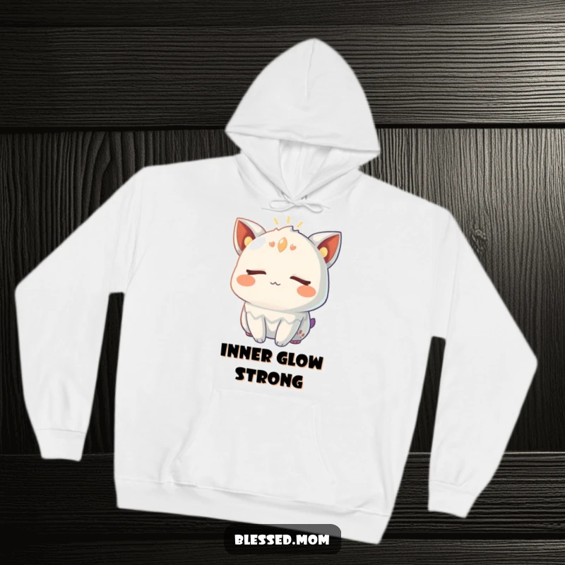 Funny Hoodie showing a creature with closed eyes, radiating a warm, gentle glow, perfect for cozy comfort and inner peace.