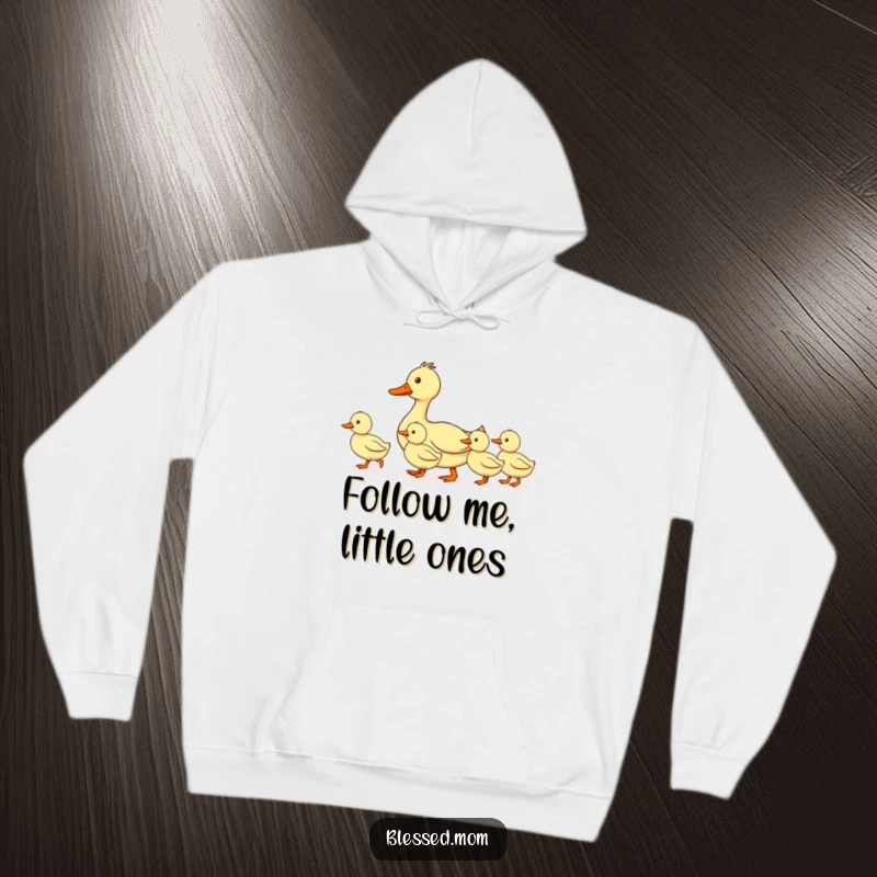 Funny mom duck hoodie, showing a mother duck leading her ducklings in a perfectly straight line, ideal for cozy leadership and mom appreciation.