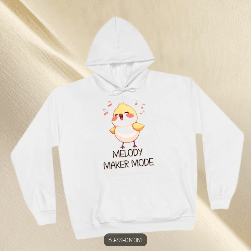 Funny bird hoodie showcasing a small bird singing a happy tune with radiant light, offering warmth and cheer.