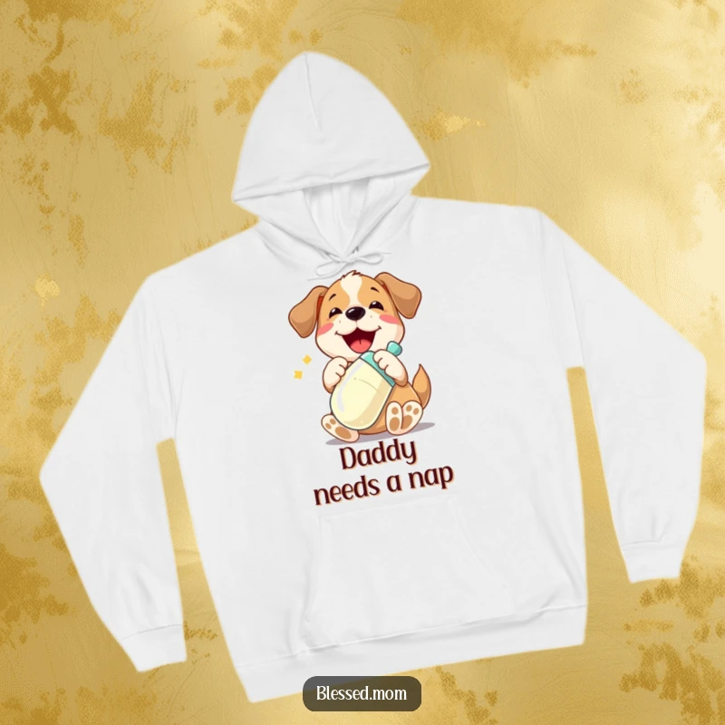 Funny hoodie featuring a playful dog character joyfully cradling a shiny baby bottle, offering warmth and adorable canine humor.