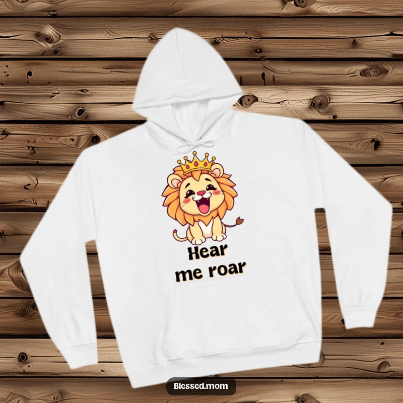 Funny Kawaii Lion Mom Hoodie: Playful lion mom roaring with a tilted crown, offering cozy warmth and fierce humor.