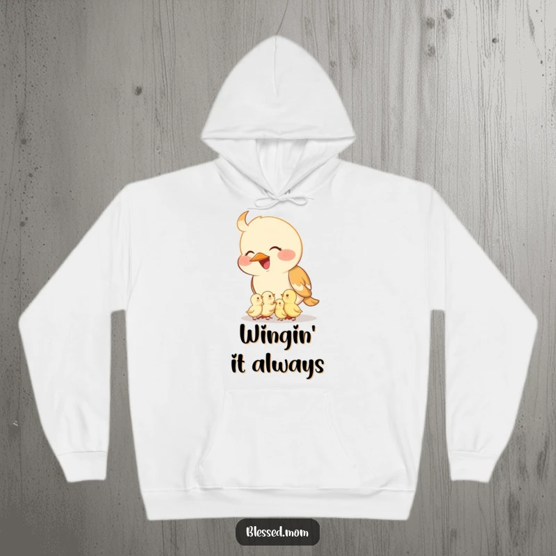 Funny mama bird hoodie, a smiling mother bird feeding tiny chicks from her beak, perfect for comfort and showing love.