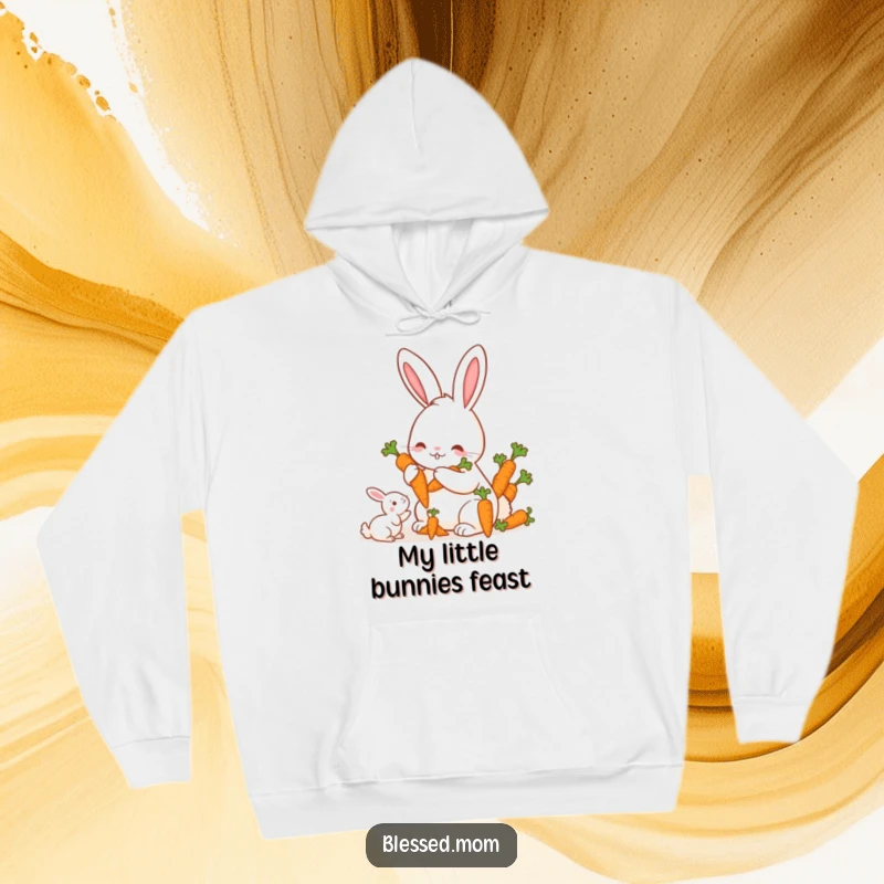 Funny Mama Rabbit Carrots Hoodie, a cute mother rabbit offering a bunch of carrots to her offspring, warm and cozy, excellent funny gift.