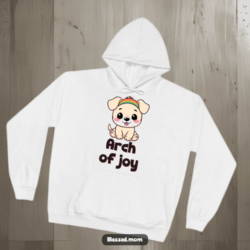 Funny Puppy Rainbow Hoodie: Happy puppy balances a small rainbow on its head, offering cheer and warmth. An ideal funny gift.