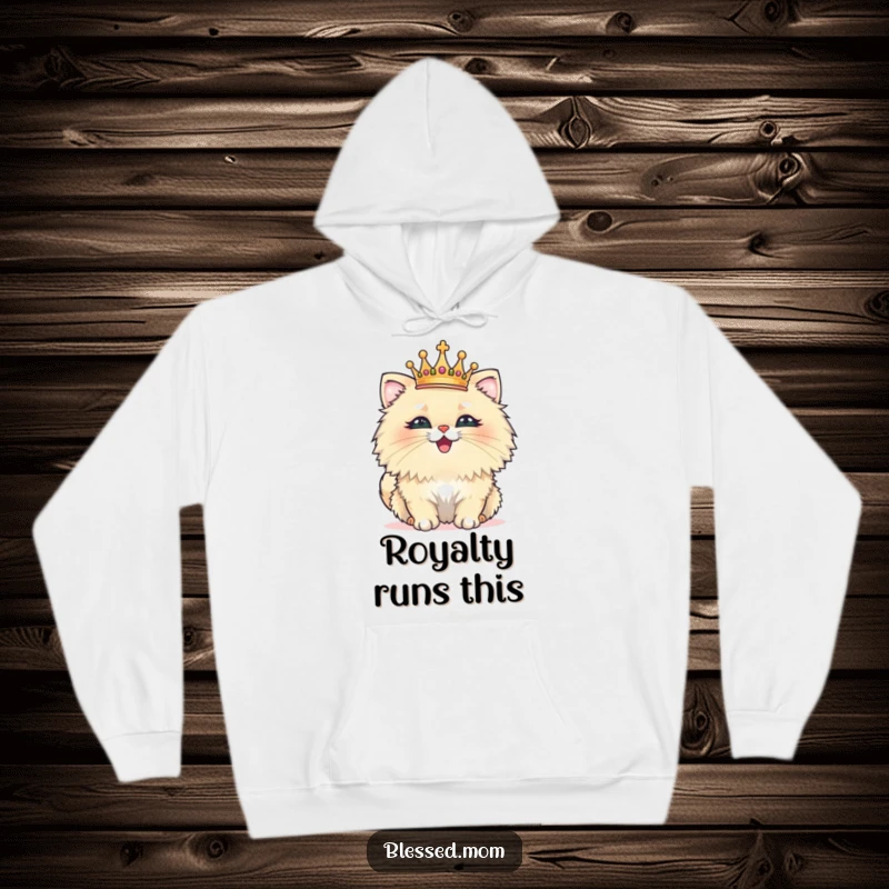 Funny hoodie featuring a fluffy cat wearing a tiny crown, beaming with pride and looking exceptionally pleased, cozy and humorous apparel.