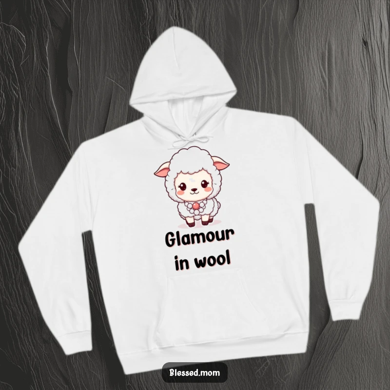 Funny hoodie illustration of a fluffy sheep wearing a beautiful pearl necklace with a proud, sophisticated expression.