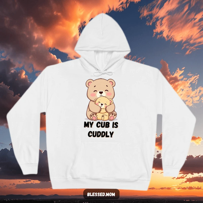 Funny Mama Bear Hug Hoodie, a cute mother bear tightly embracing her cub with affection, warm and comforting, perfect gift.
