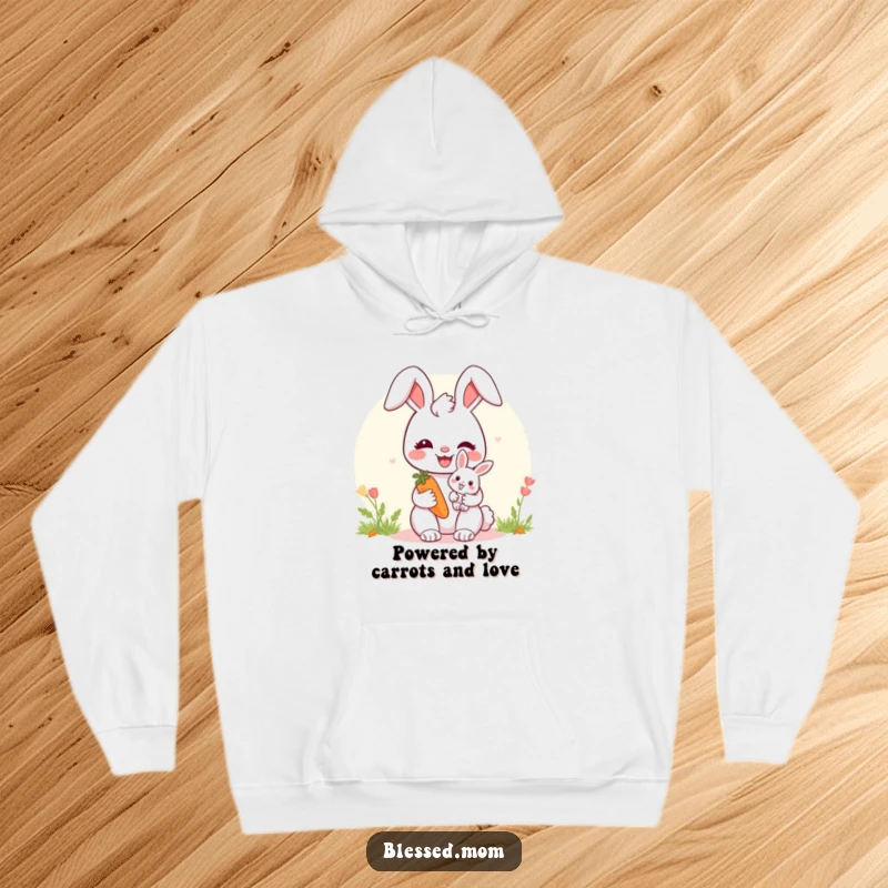 Cozy bunny mom hoodie depicting a mother bunny with her baby and a carrot, symbolizing comfort and care.