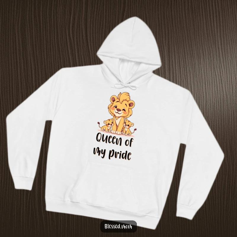 Cozy lioness mom hoodie depicting a proud lioness observing her cubs playfully, symbolizing strength and care.