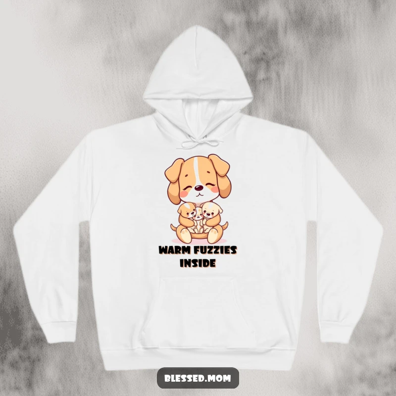 Funny kawaii dog mom tenderly holding several tiny puppies on a warm hoodie, a perfect gift.
