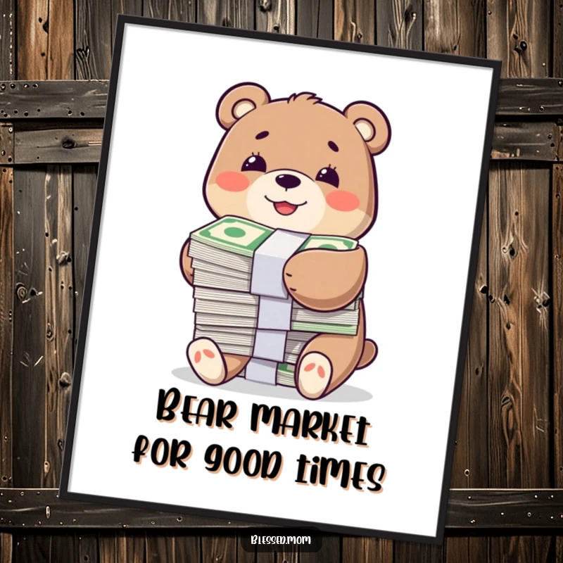 Funny free printable wall art of a smiling bear character happily hugging a large stack of bills, symbolizing wealth and good fortune.
