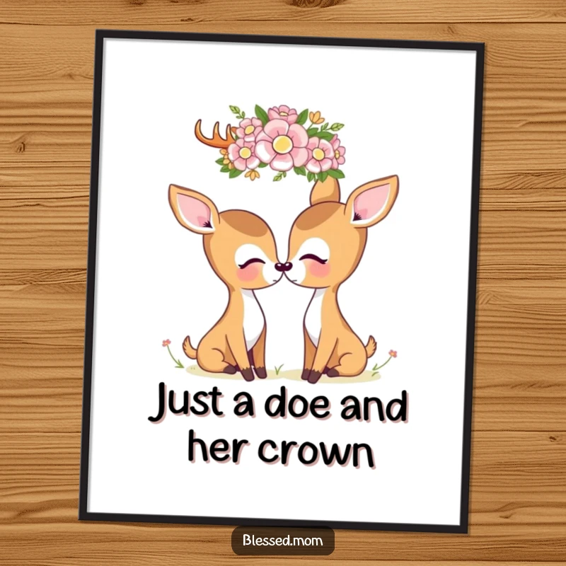 Cute Free Printable Wall Art: Kawaii deer mom gazes lovingly at a delicate flower crown, creating a peaceful scene.