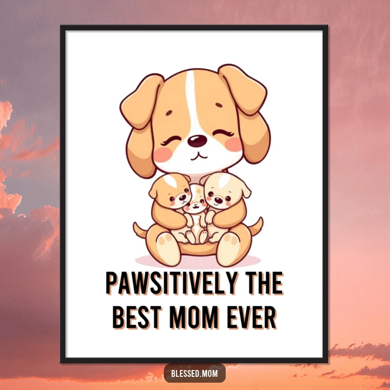 Funny Free Printable Kawaii Dog Mom tenderly holding a litter of tiny puppies, ideal for wall art.