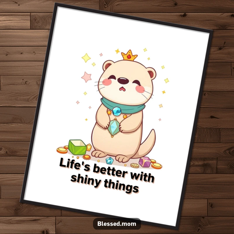 Funny Free Printable Wall Art: Kawaii otter mom balances a collection of shiny treasures, a delightful DIY decor.